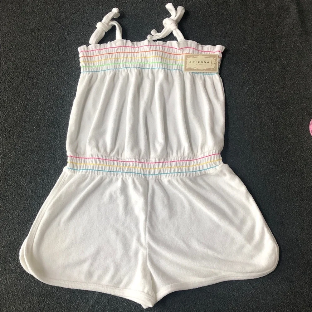 Arizona Jean Company Girls White Terry Swim Romper Coverup + 🌈 Size L (14-16)